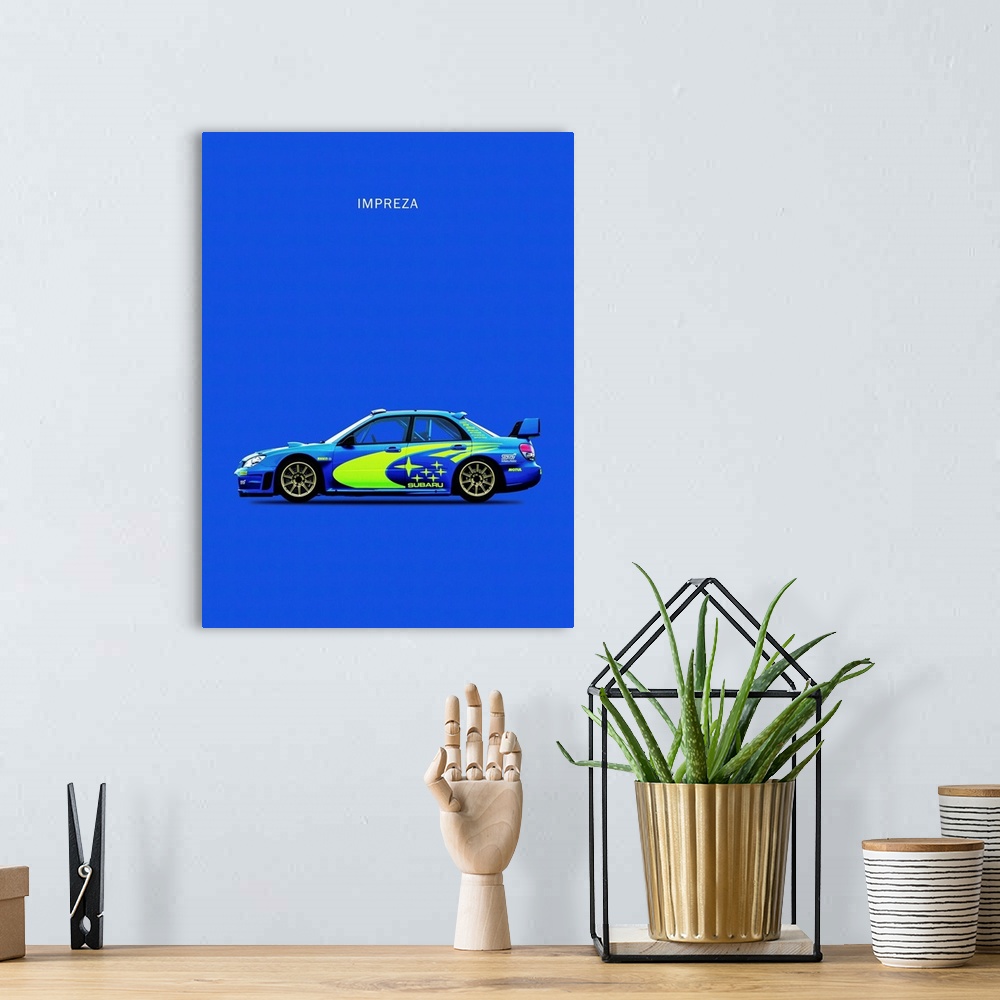 A bohemian room featuring Photograph of a blue Subaru Impreza with bright green decals printed on a blue background