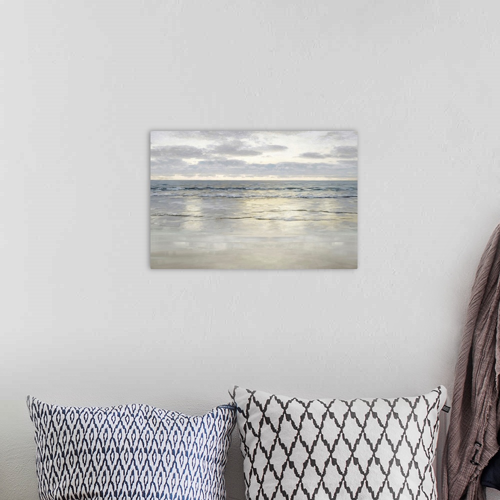 A bohemian room featuring This contemporary artwork features a calm ocean view with soothing colors and introspective light...