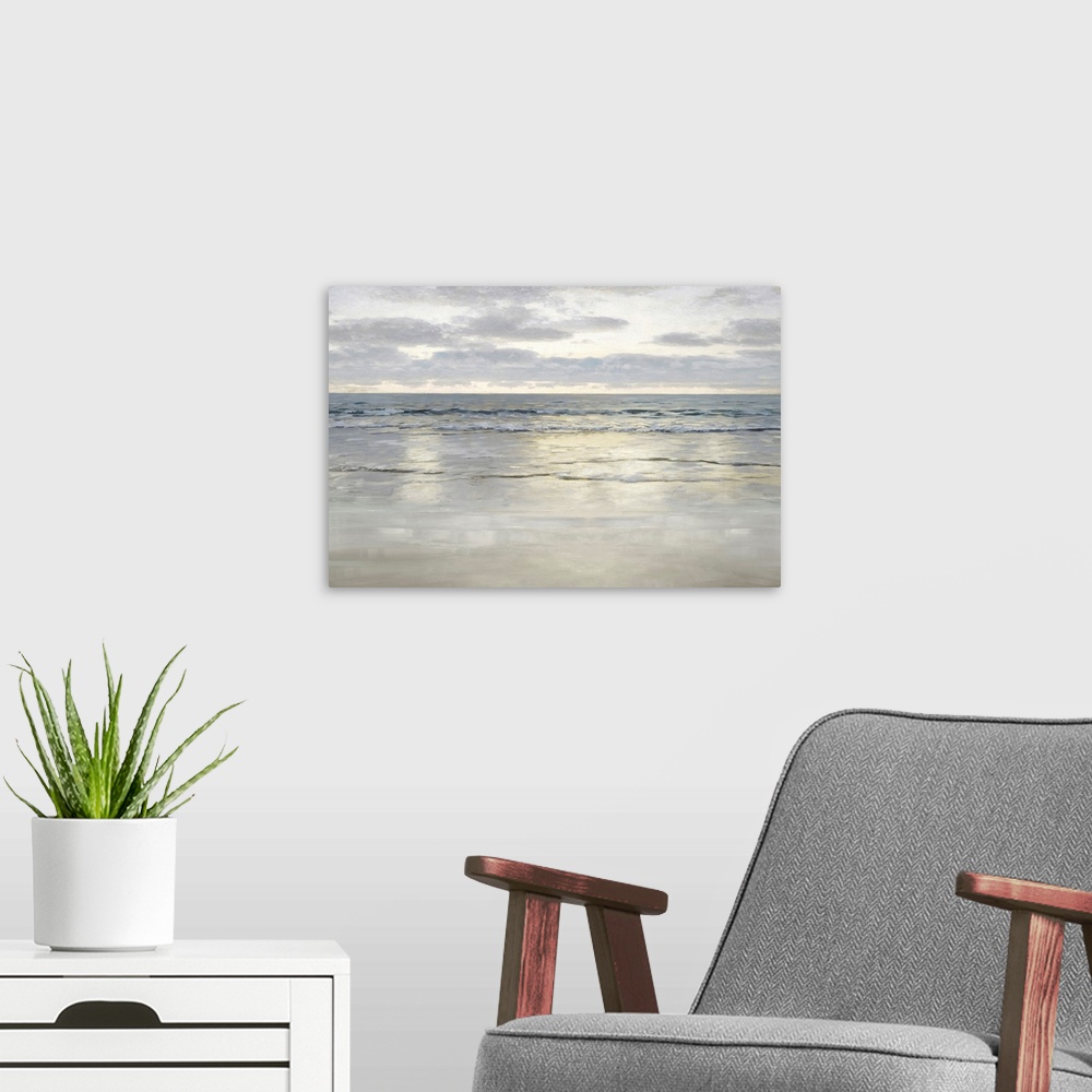 A modern room featuring This contemporary artwork features a calm ocean view with soothing colors and introspective light...