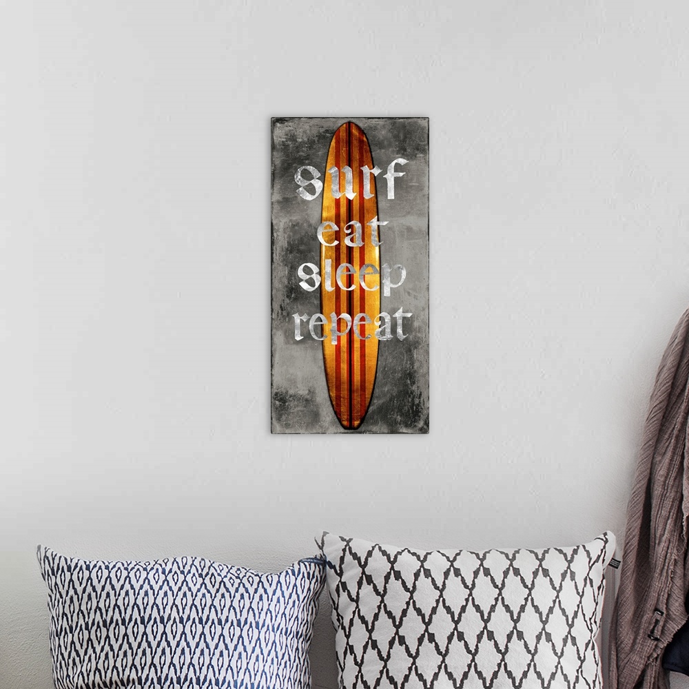A bohemian room featuring Beach themed illustration of a red and yellow striped surf board on a faded black and gray backgr...