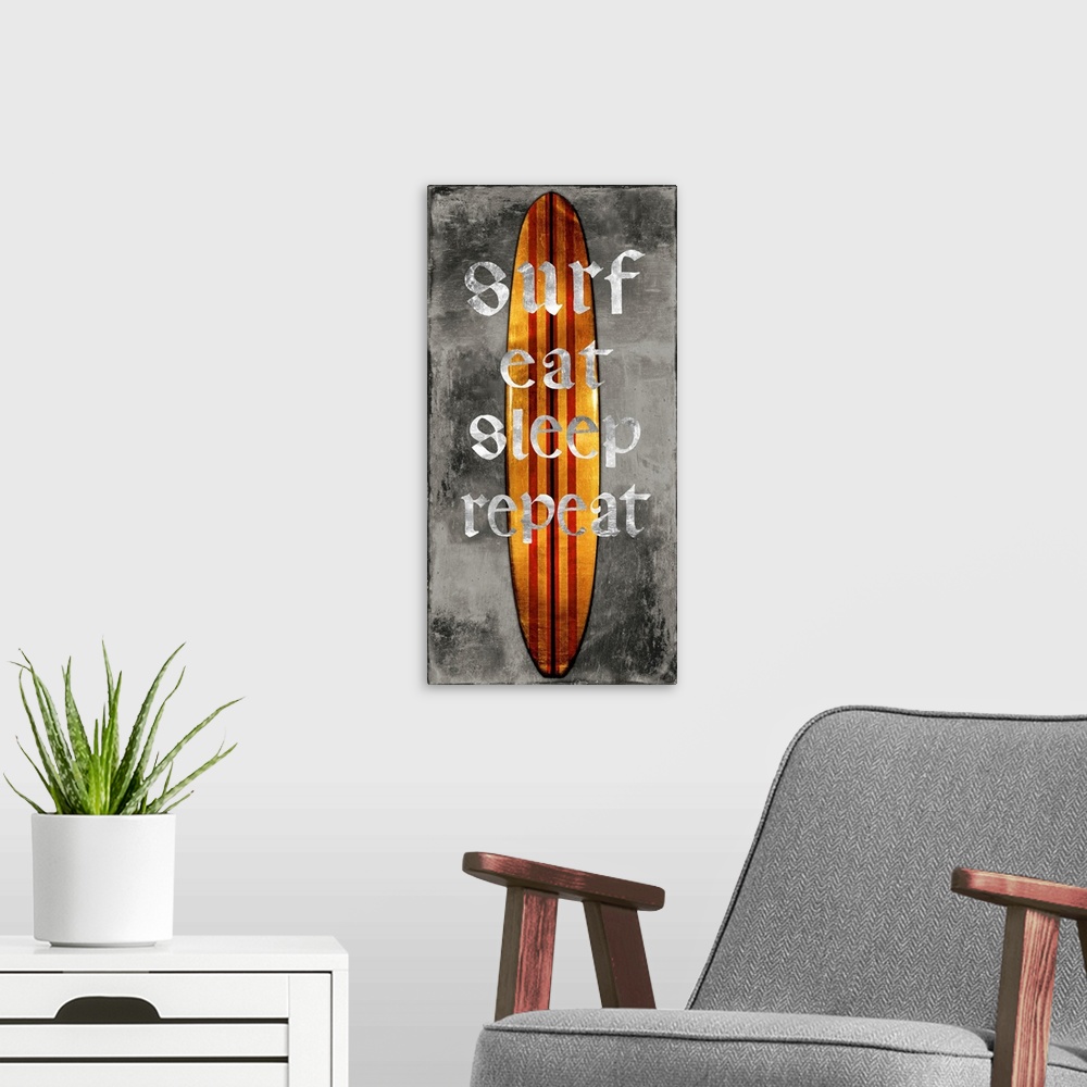 A modern room featuring Beach themed illustration of a red and yellow striped surf board on a faded black and gray backgr...