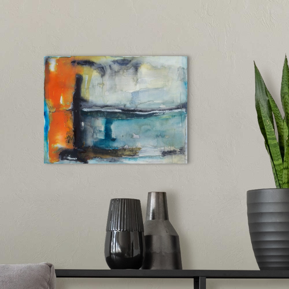 A modern room featuring Abstract painting made with orange, yellow, gray, and shades of blue.