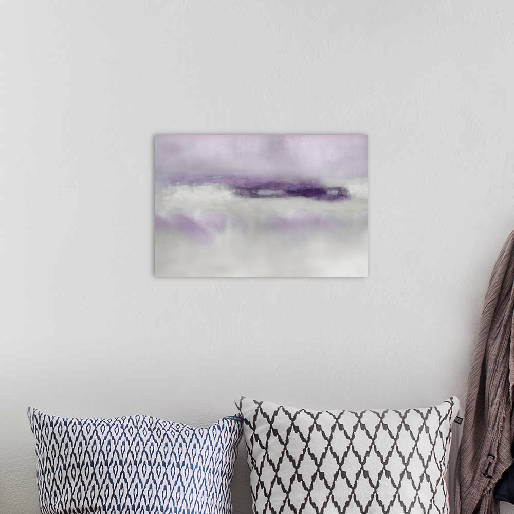 A bohemian room featuring Abstract artwork of blocks of purple colors permeating over a distressed gray background.