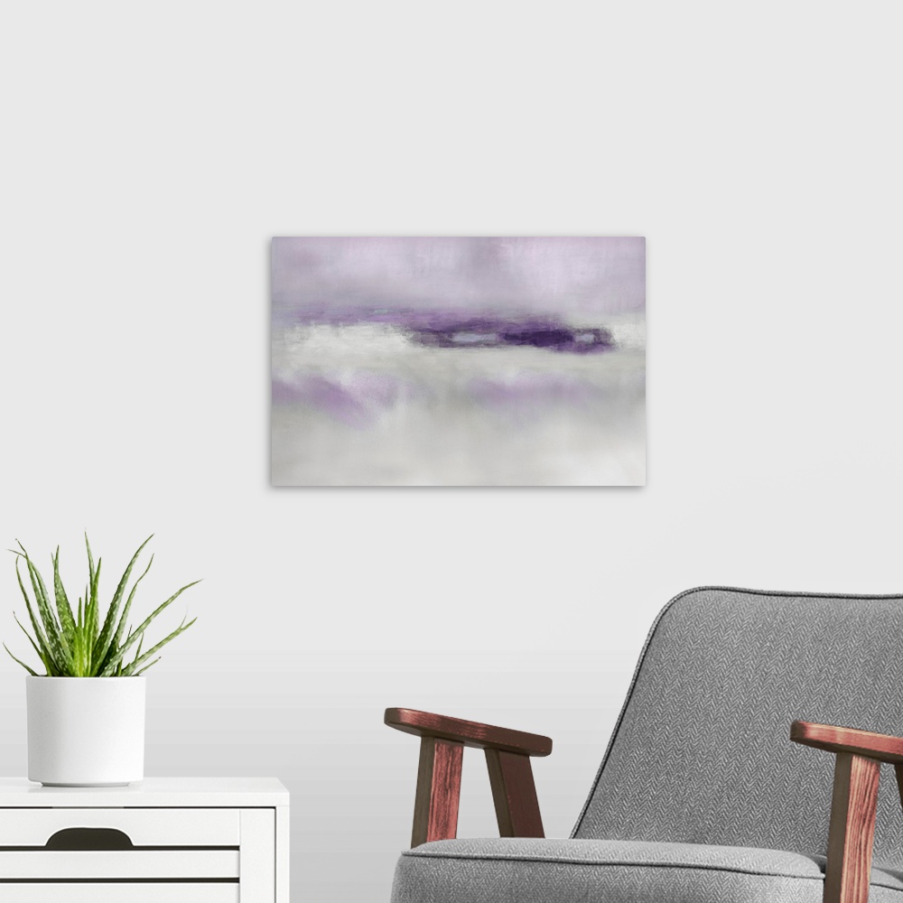 A modern room featuring Abstract artwork of blocks of purple colors permeating over a distressed gray background.
