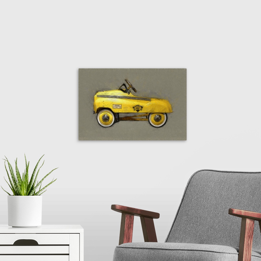 A modern room featuring Taxi Cab Pedal Car