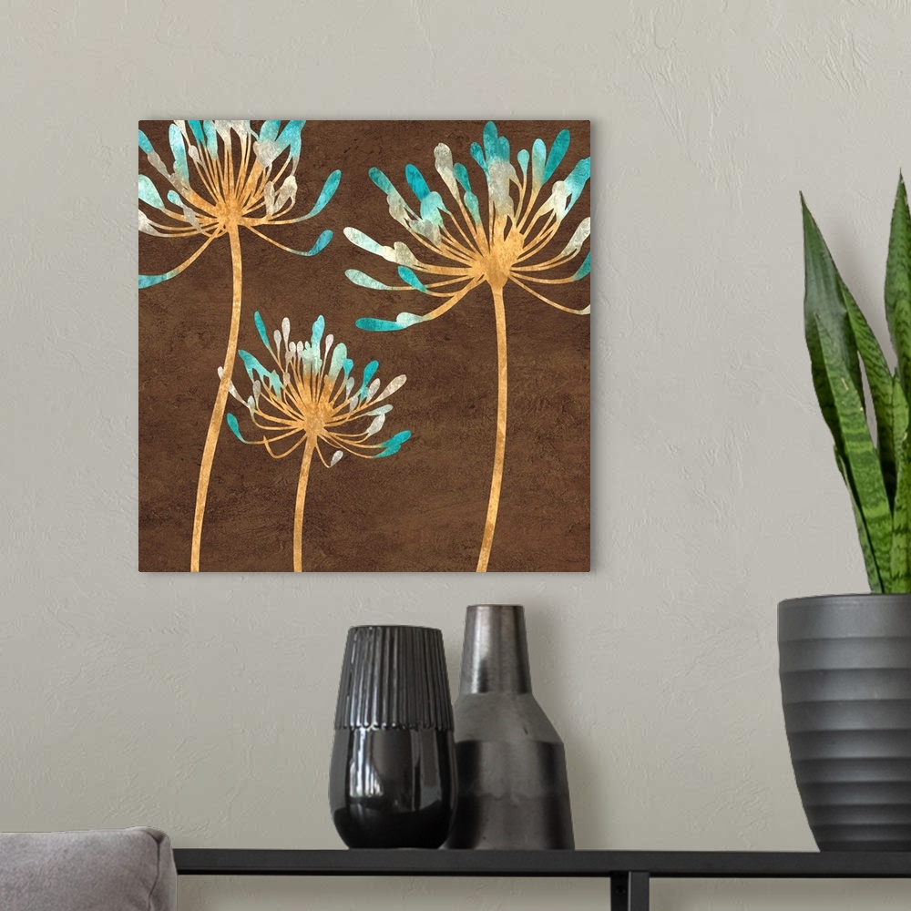 A modern room featuring Square decor with silhouettes of teal, gray, white, and gold flowers on a brown background.