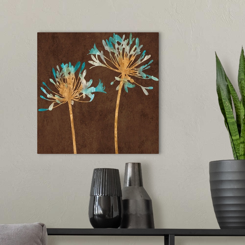 A modern room featuring Square decor with silhouettes of teal, gray, white, and gold flowers on a brown background.