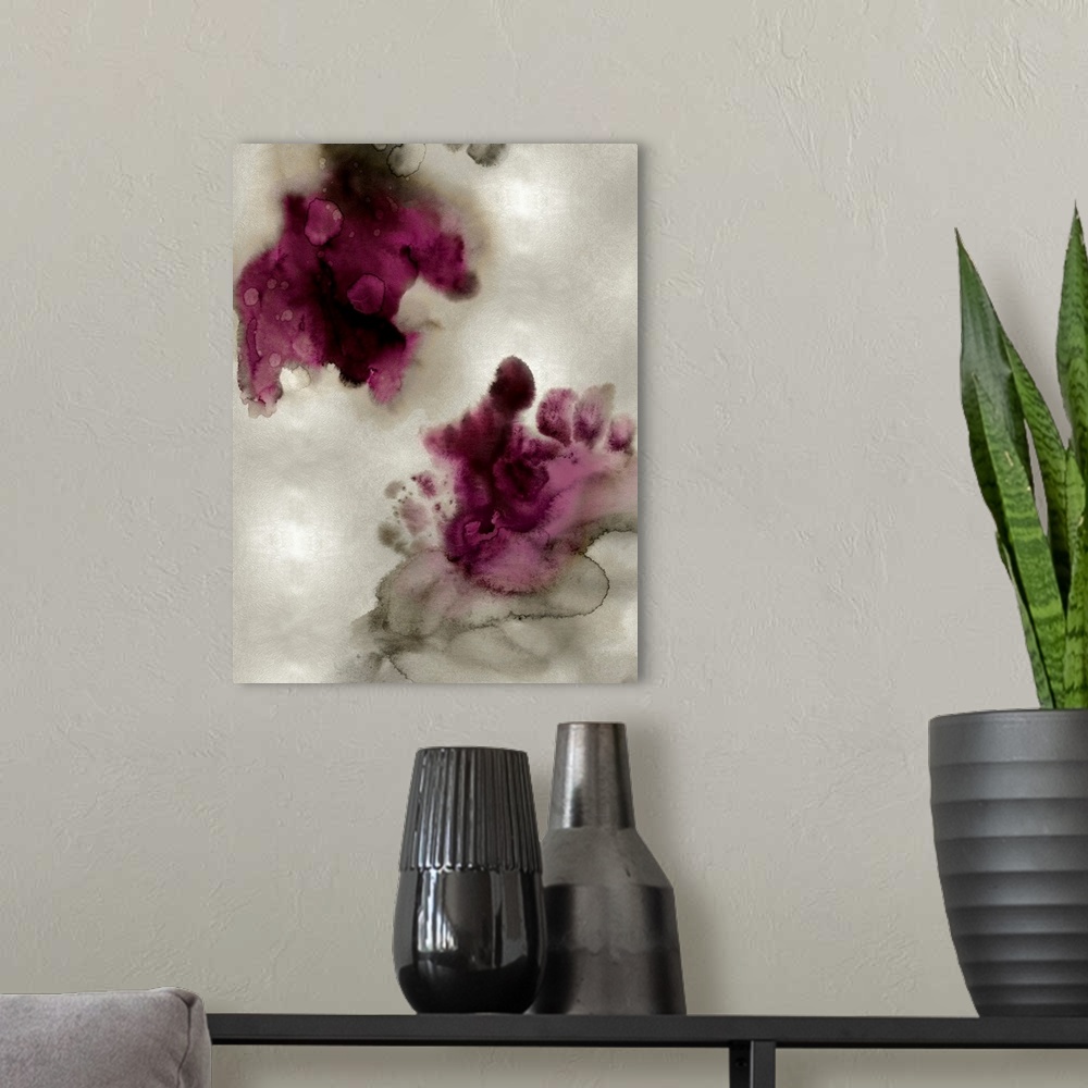 A modern room featuring Abstract painting with burgundy and black hues splattered together on a silver background.