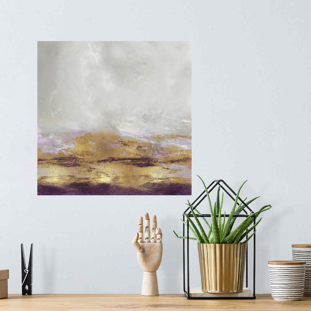 A bohemian room featuring Square abstract artwork with metallic gold, silver, and amethyst purple.