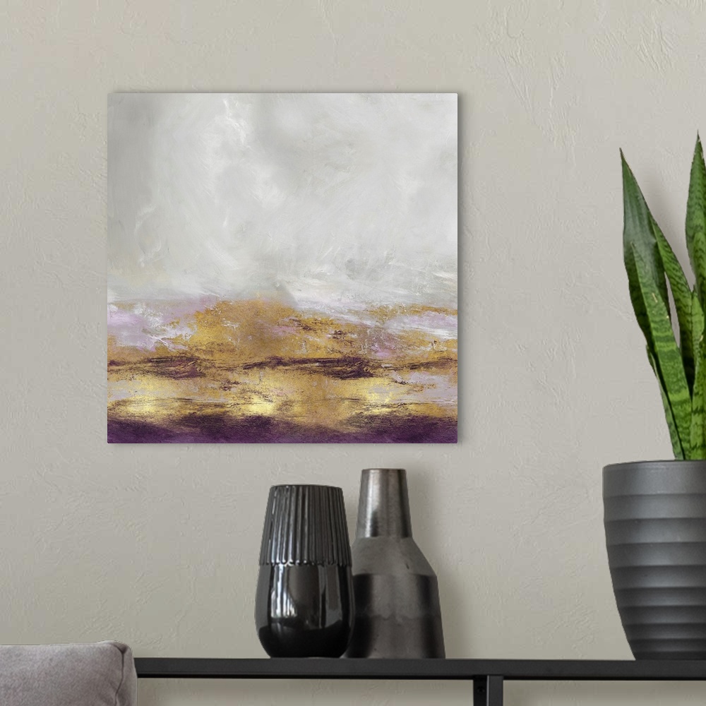 A modern room featuring Square abstract artwork with metallic gold, silver, and amethyst purple.