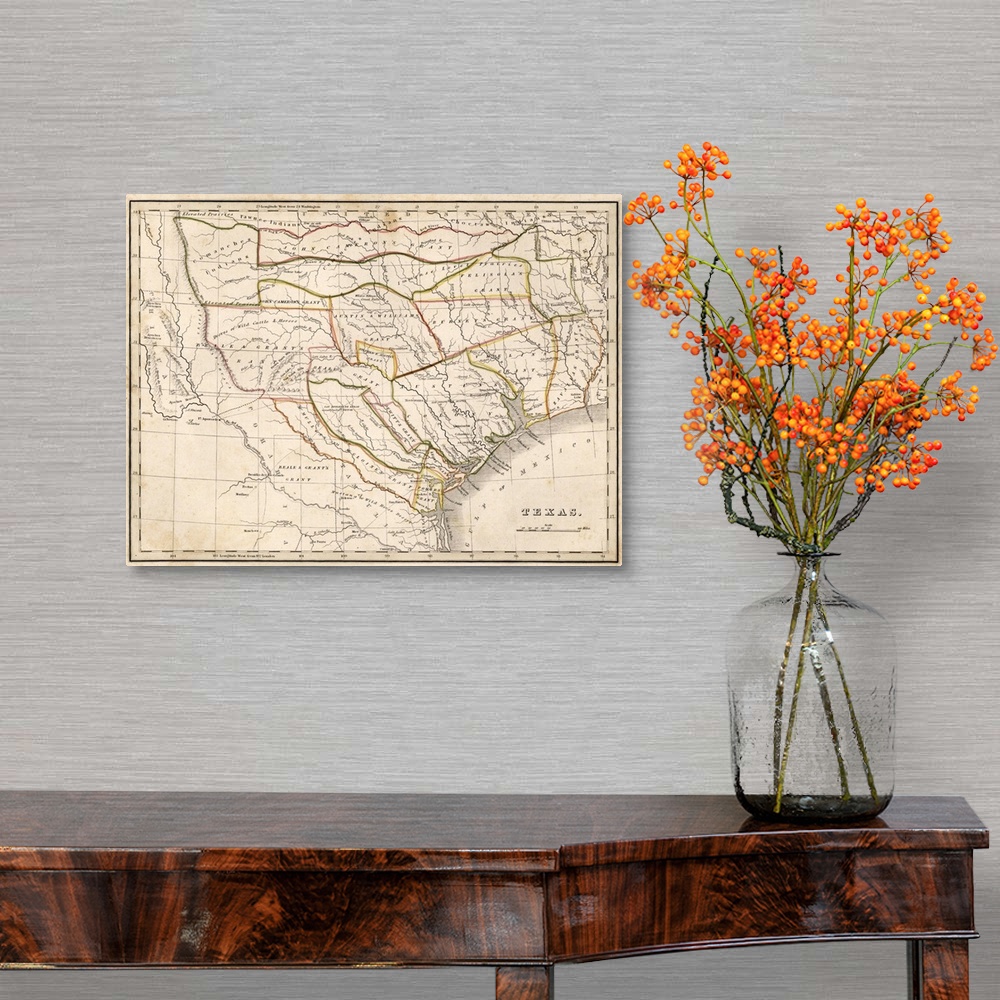 A traditional room featuring Antique historical map of Texas with highlighted boarders.