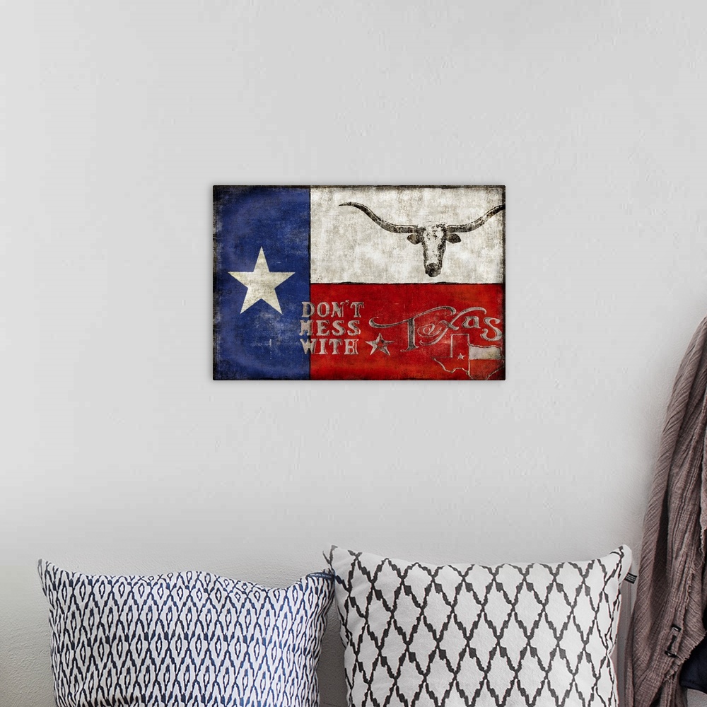 A bohemian room featuring Weathered flag of Texas with illustrations of Texas themed things on top.