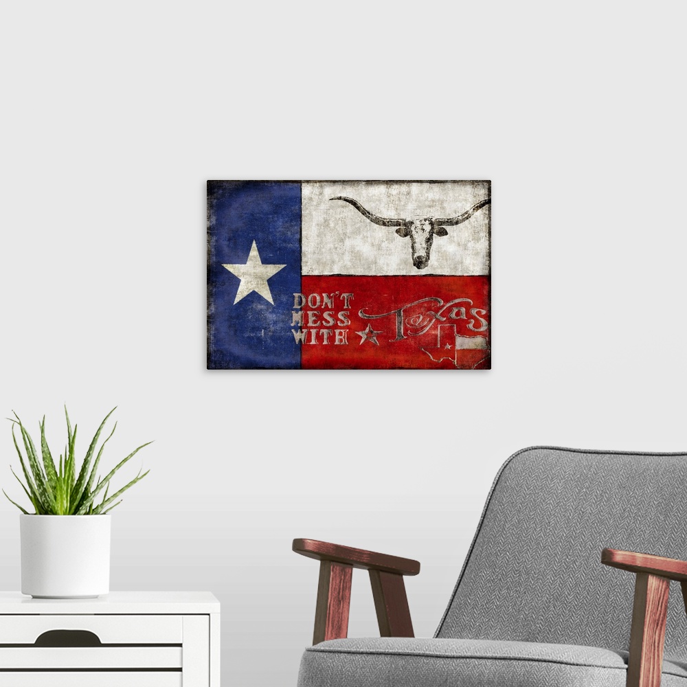 A modern room featuring Weathered flag of Texas with illustrations of Texas themed things on top.
