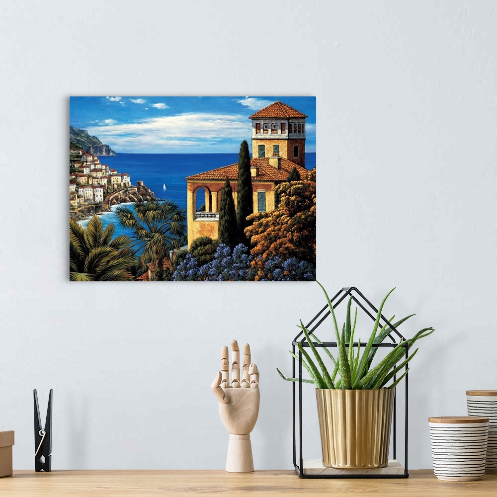 A bohemian room featuring Contemporary painting with a view of the village and water on the Amalfi coast.