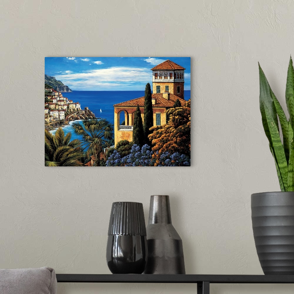 A modern room featuring Contemporary painting with a view of the village and water on the Amalfi coast.