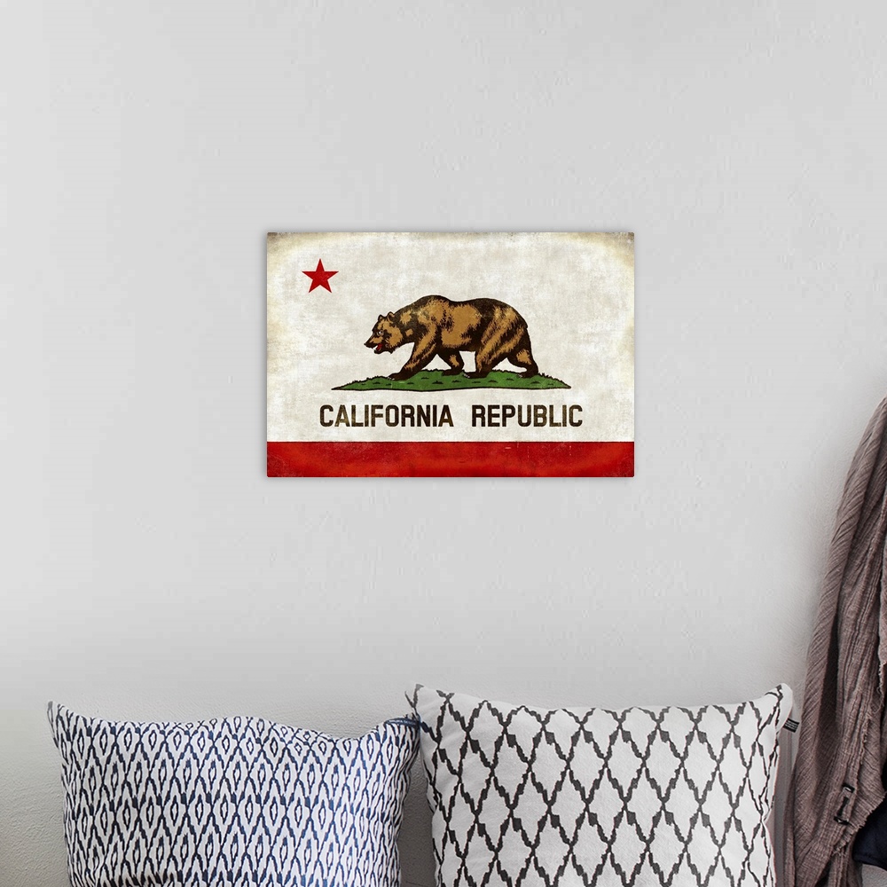 A bohemian room featuring The California state flag with an antique look.
