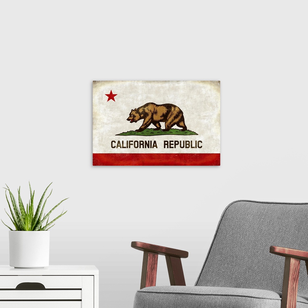 A modern room featuring The California state flag with an antique look.