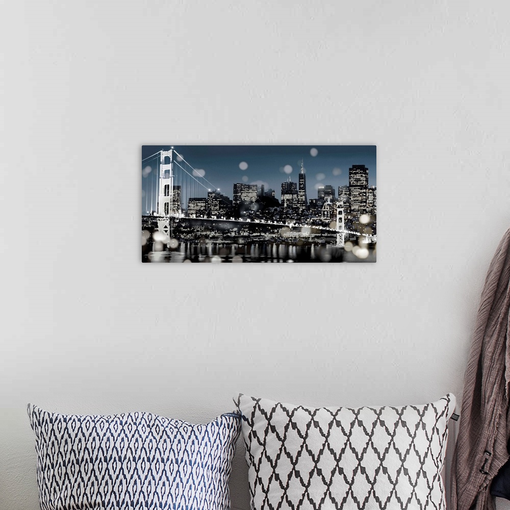 A bohemian room featuring San Francisco skyline at night with a blue sky, the Golden Gate Bridge, and bokeh lights in the f...