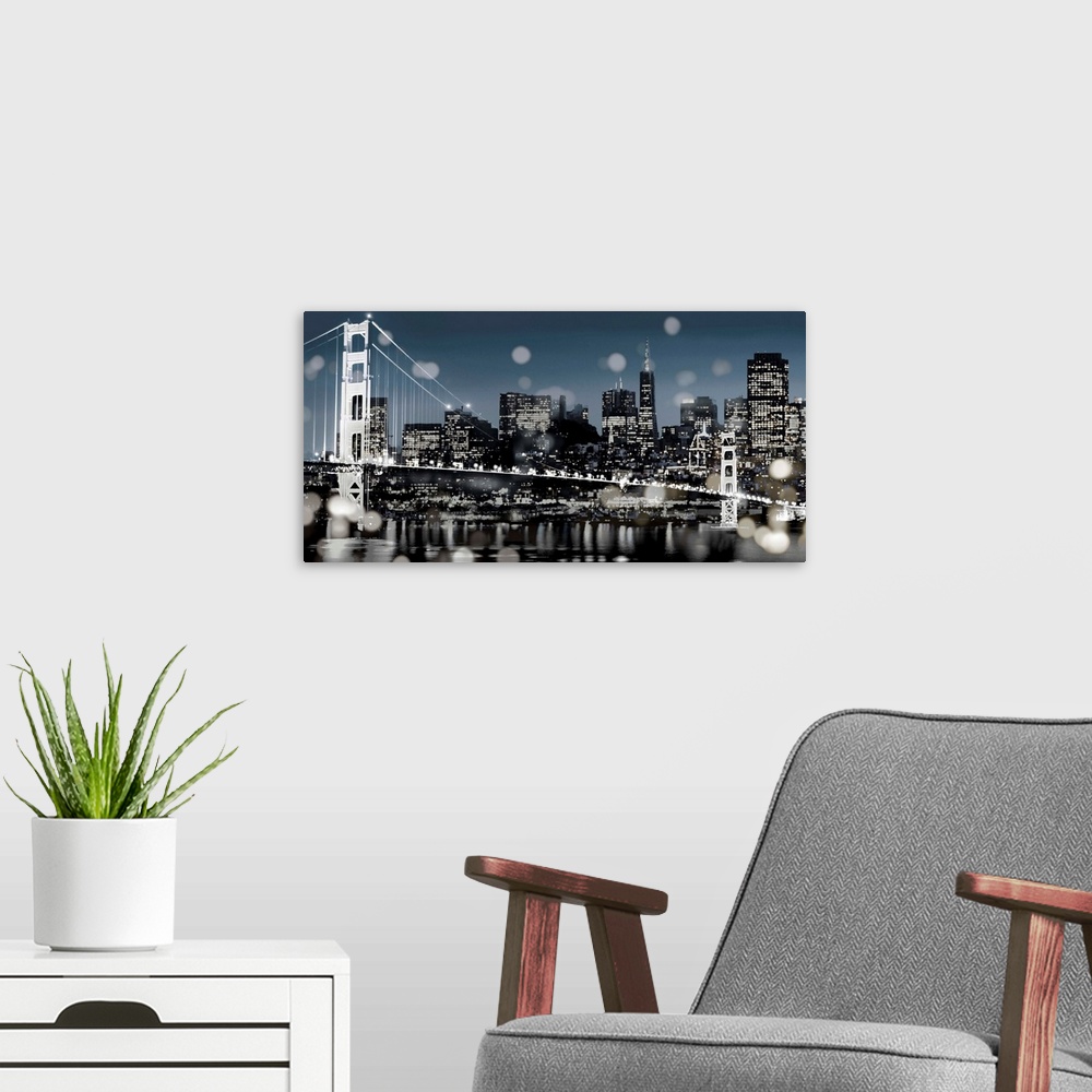 A modern room featuring San Francisco skyline at night with a blue sky, the Golden Gate Bridge, and bokeh lights in the f...