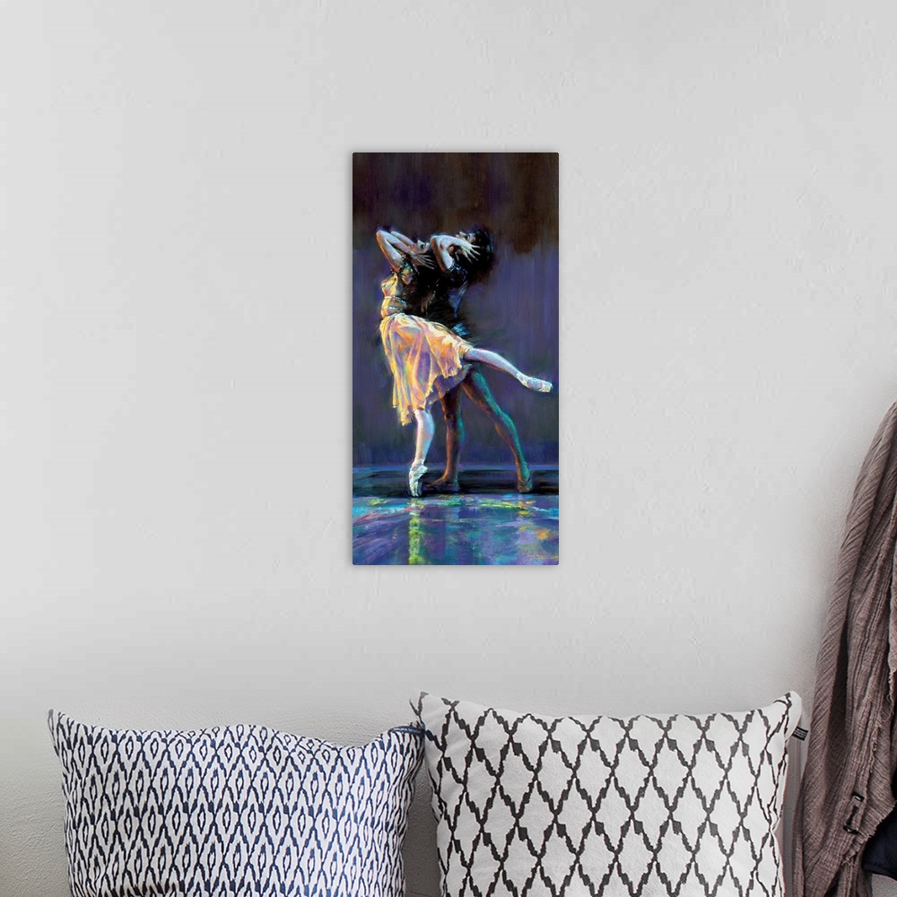 A bohemian room featuring Contemporary painting of tow ballerinas preforming with a dark background and colorful, neon-like...