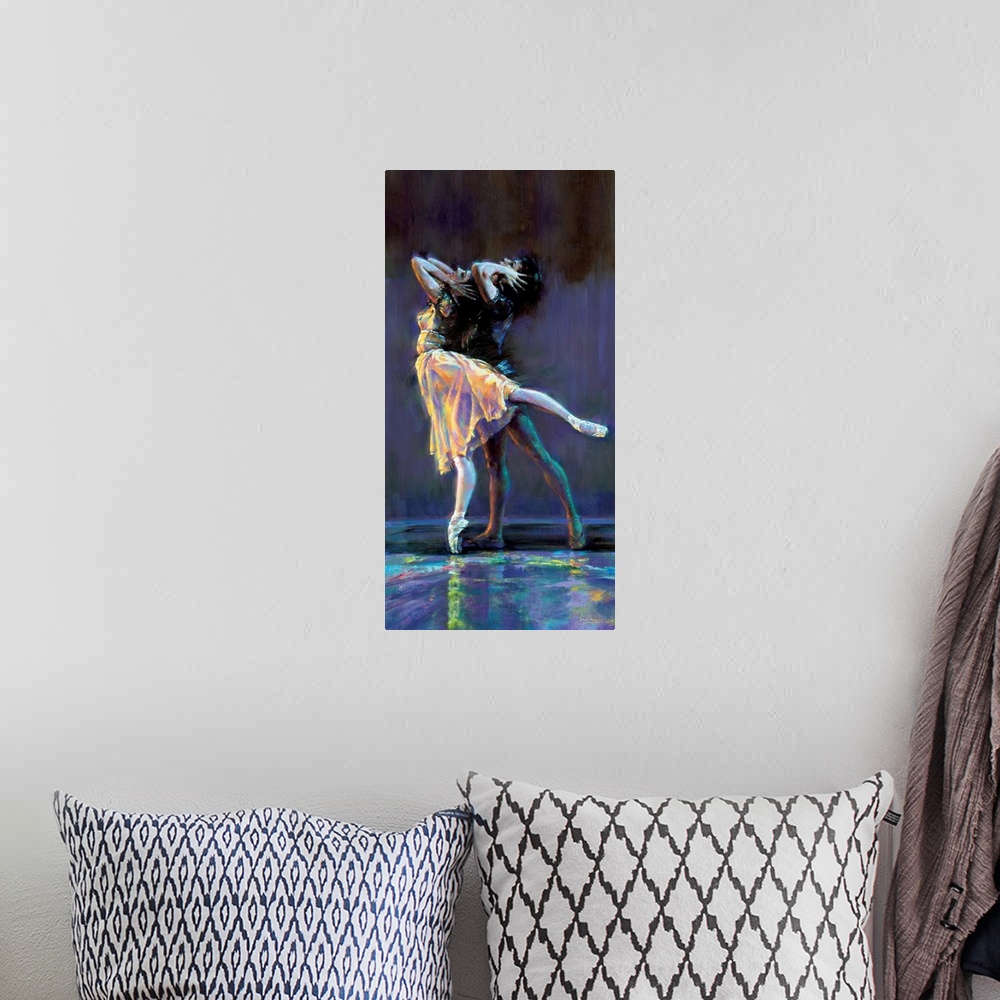 A bohemian room featuring Contemporary painting of tow ballerinas preforming with a dark background and colorful, neon-like...