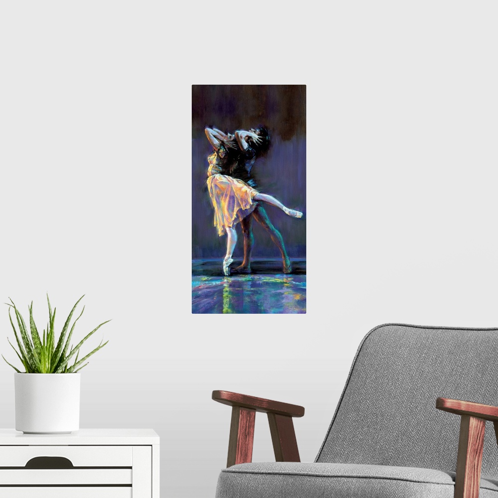 A modern room featuring Contemporary painting of tow ballerinas preforming with a dark background and colorful, neon-like...