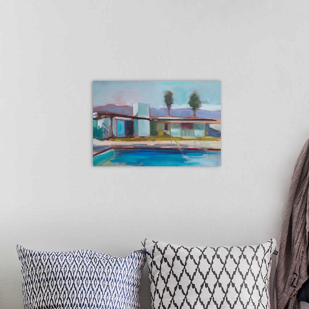A bohemian room featuring Contemporary painting of a modern home with a swimming pool in the foreground.
