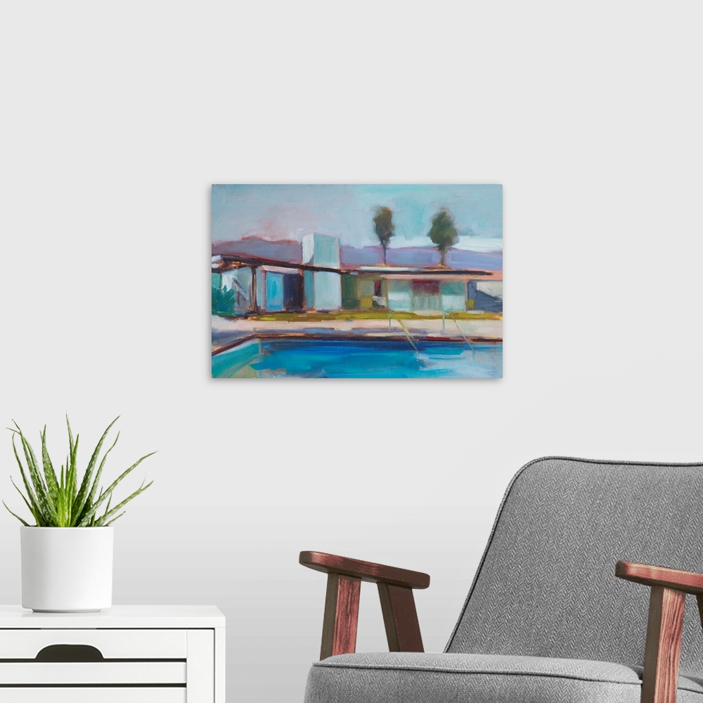 A modern room featuring Contemporary painting of a modern home with a swimming pool in the foreground.