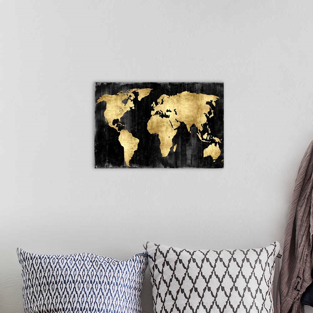 A bohemian room featuring World map in black and gold.