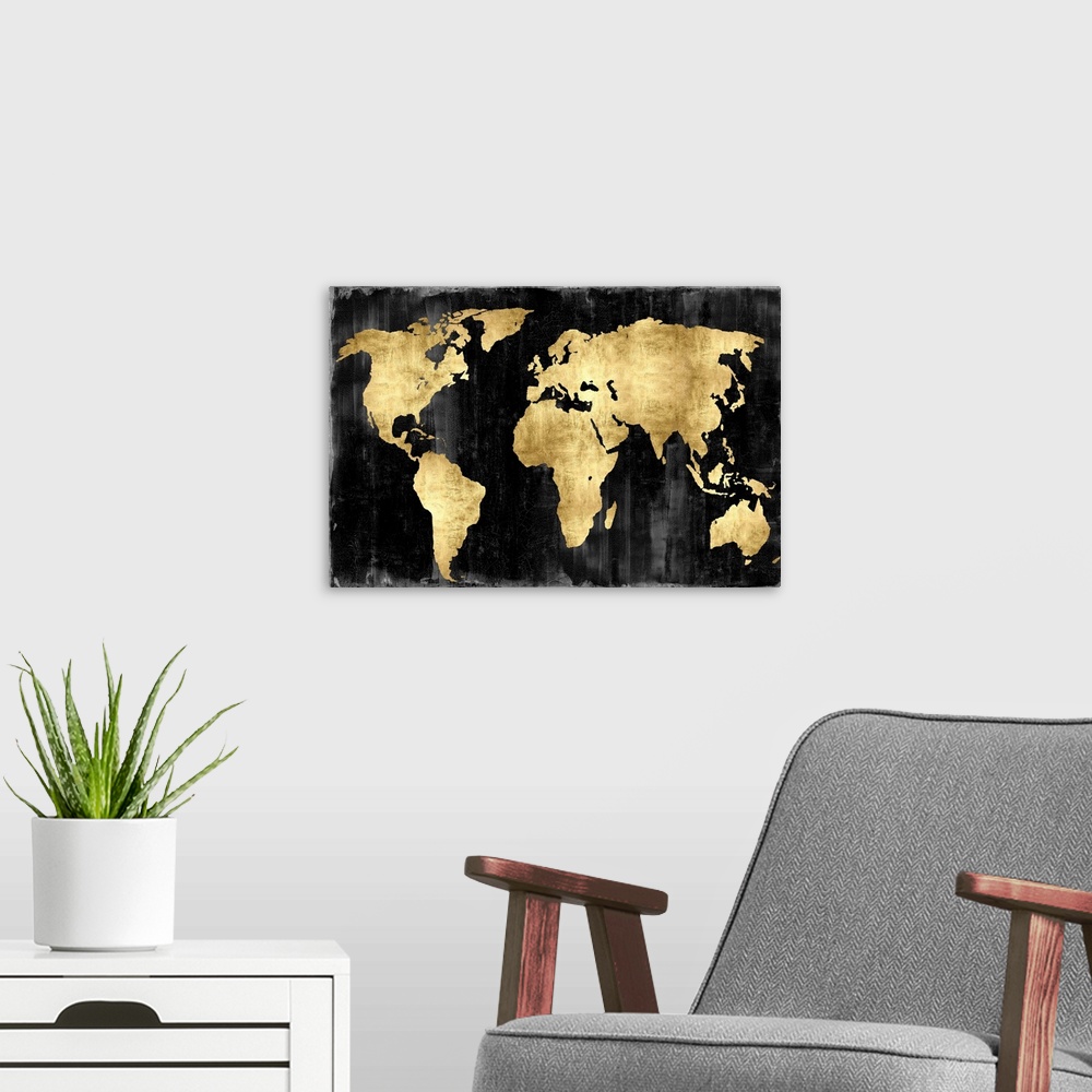 A modern room featuring World map in black and gold.