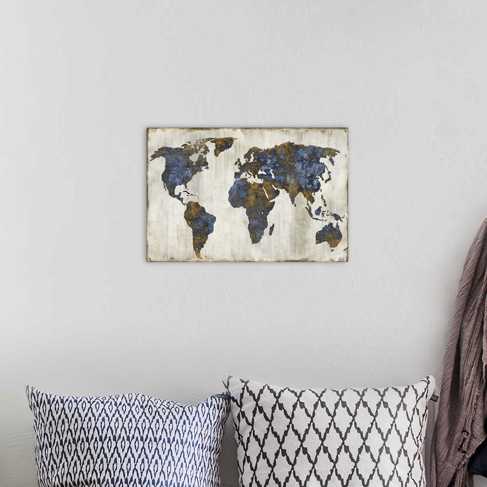 A bohemian room featuring World map in silver, gold, and white.