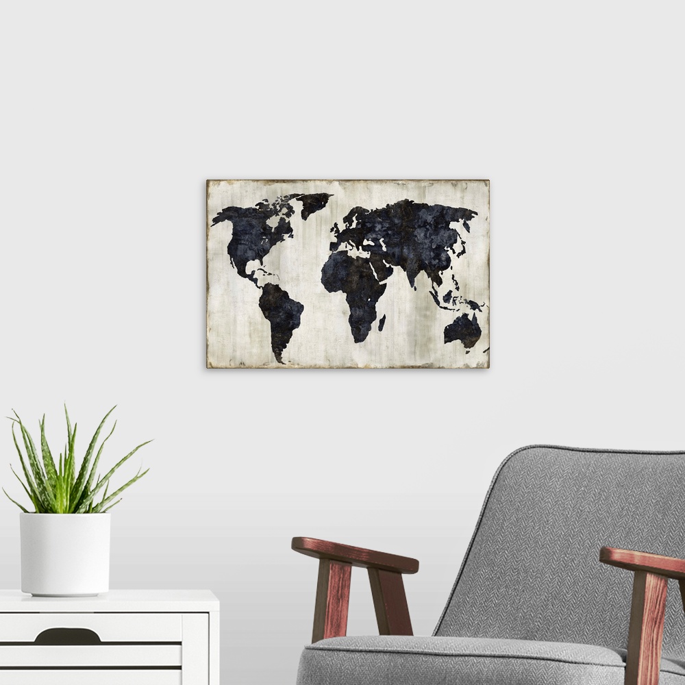 A modern room featuring World map in black, silver, gold, and white.