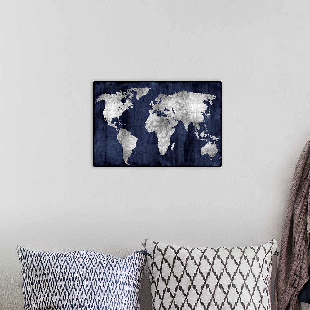 A bohemian room featuring World map in navy and silver.