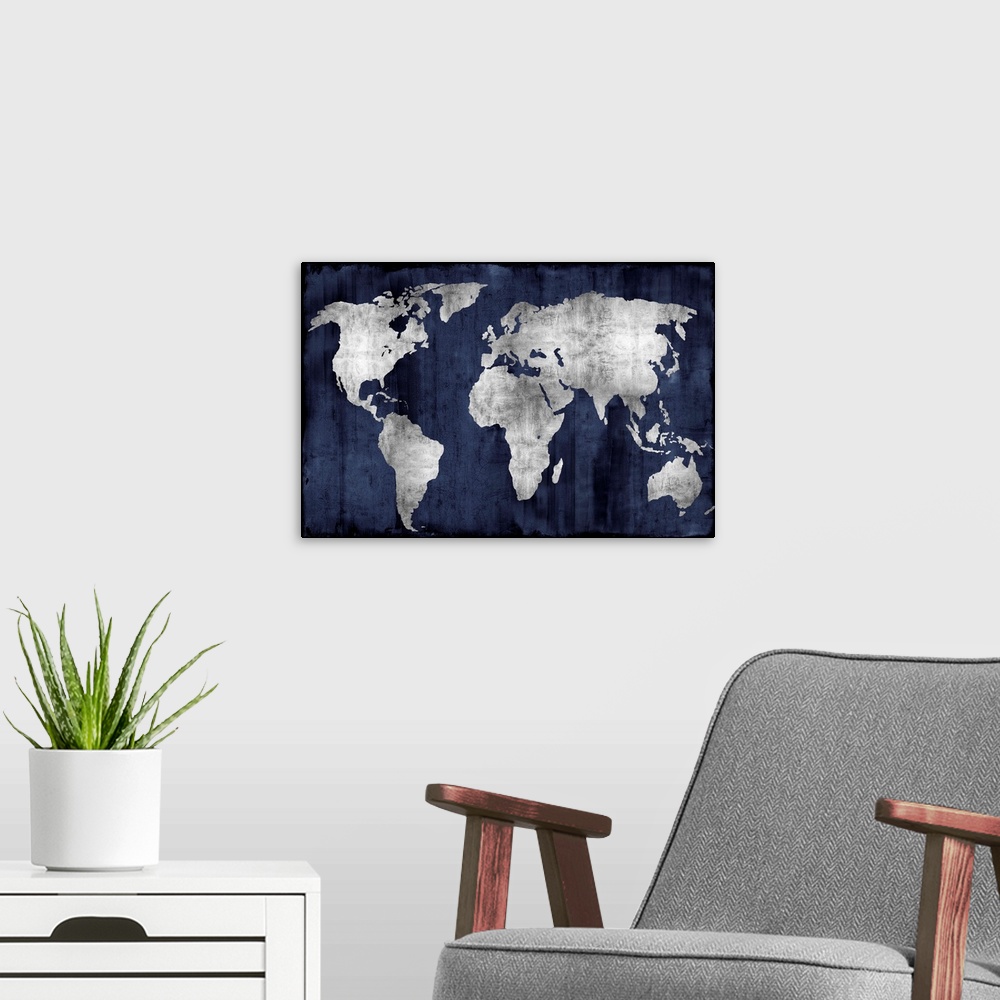 A modern room featuring World map in navy and silver.