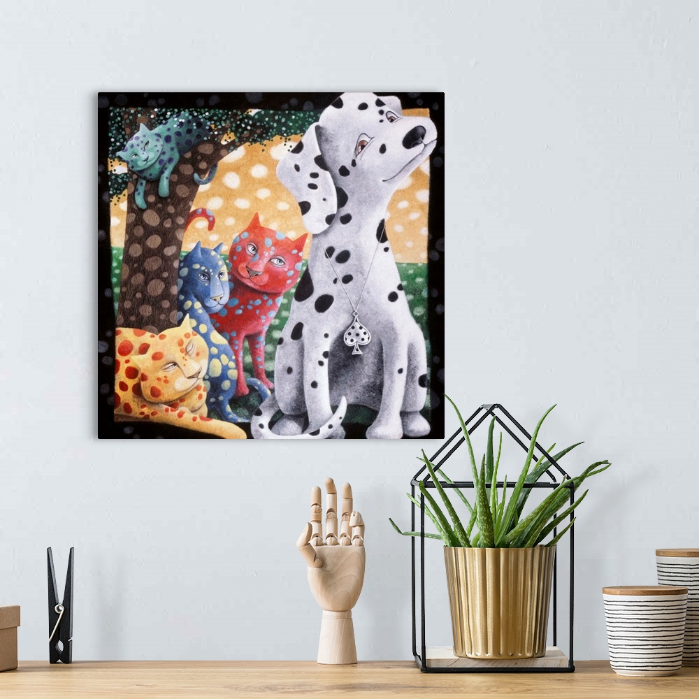 A bohemian room featuring Square illustration of an uncertain dalmatian sitting next to four spotted cats near a tree.