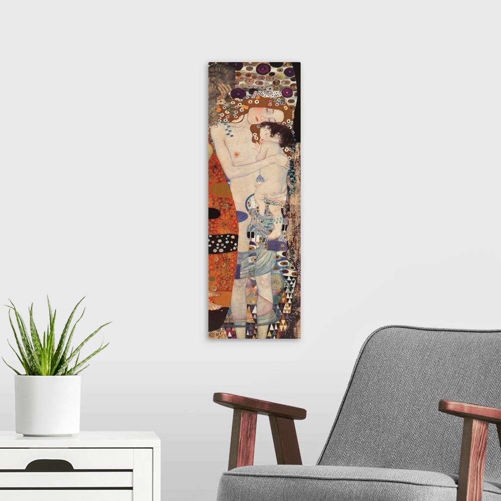 A modern room featuring Classic painting of a mother caressing a small child.