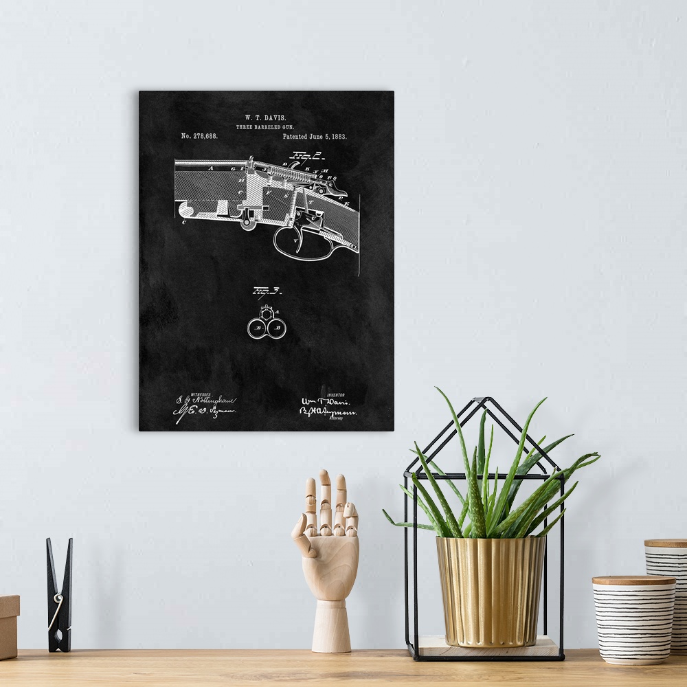 A bohemian room featuring Antique style blueprint diagram of a Three Barreled Gun printed on a black background