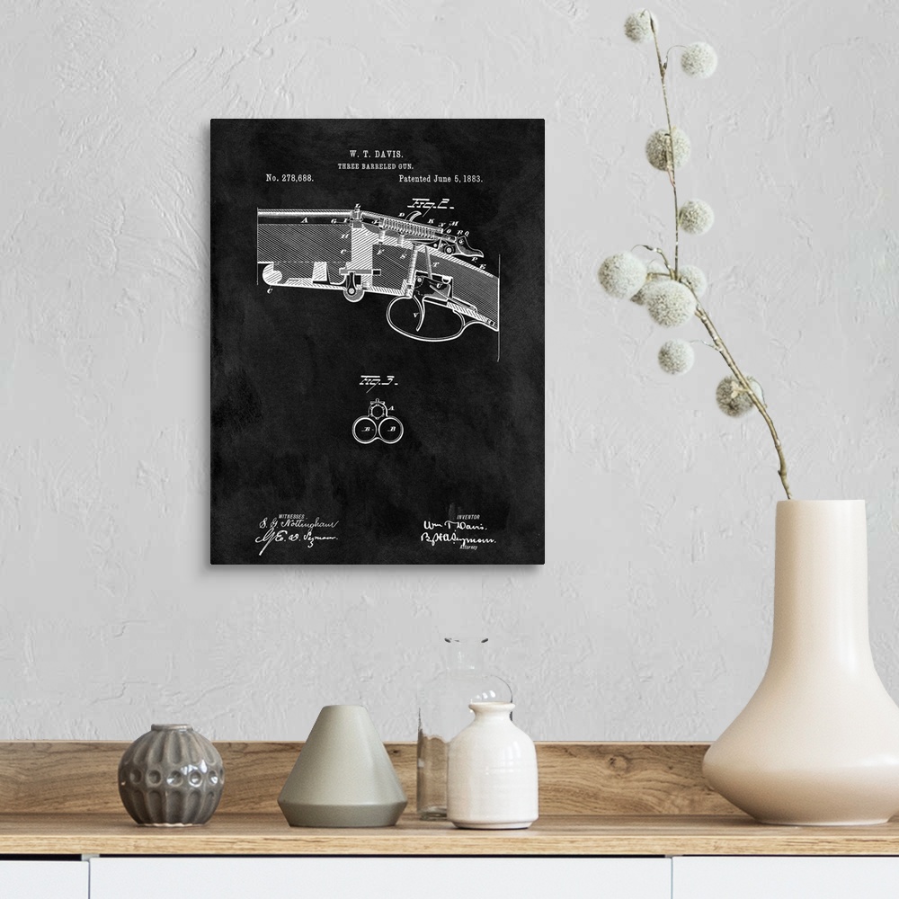 A farmhouse room featuring Antique style blueprint diagram of a Three Barreled Gun printed on a black background