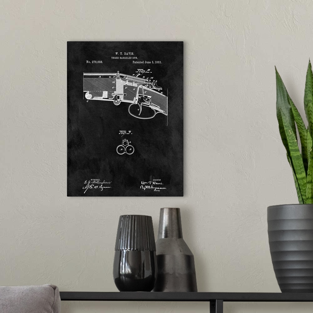 A modern room featuring Antique style blueprint diagram of a Three Barreled Gun printed on a black background