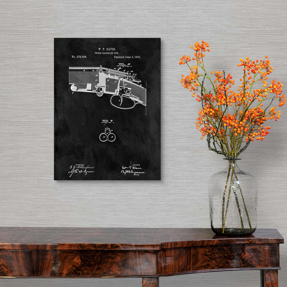 A traditional room featuring Antique style blueprint diagram of a Three Barreled Gun printed on a black background