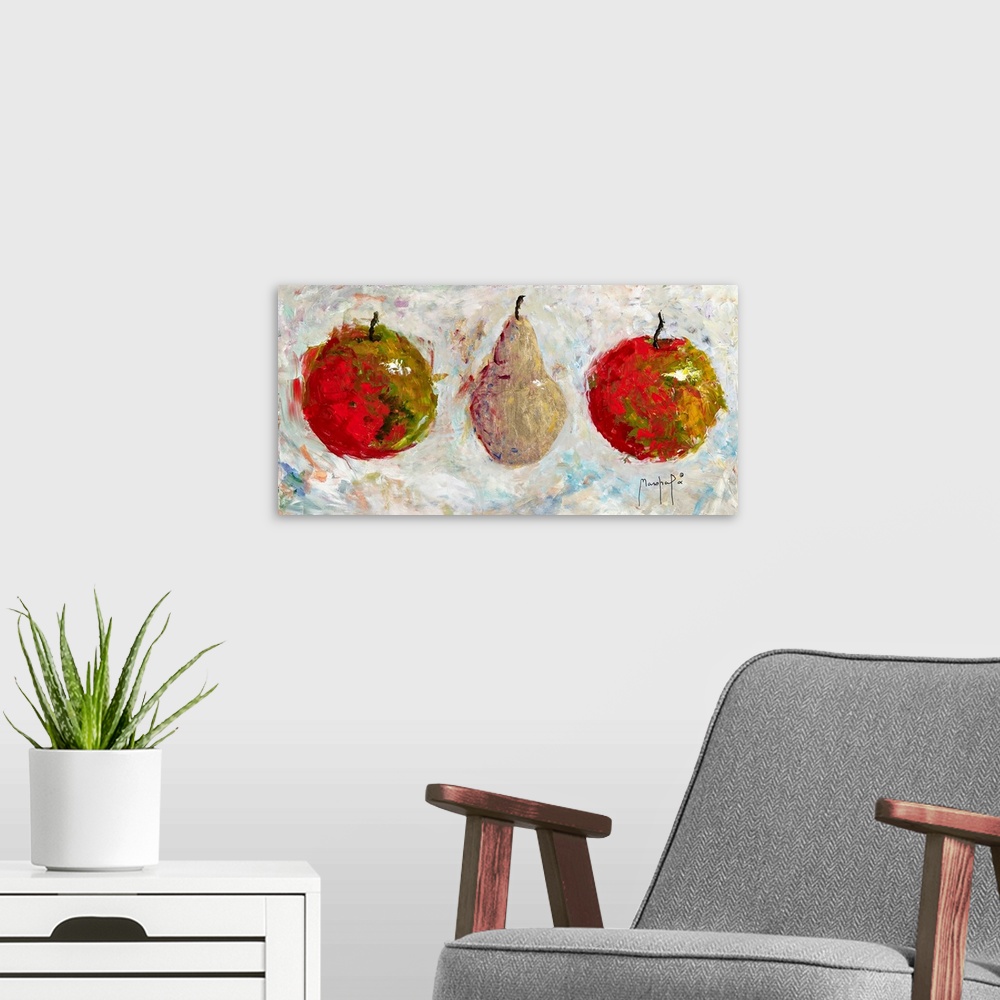 A modern room featuring Still life painting of two apples and a pear with an abstract feel.