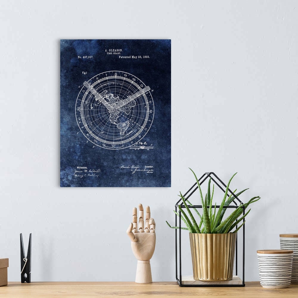 A bohemian room featuring Antique style blueprint diagram of a Time Chart printed on a blue background.