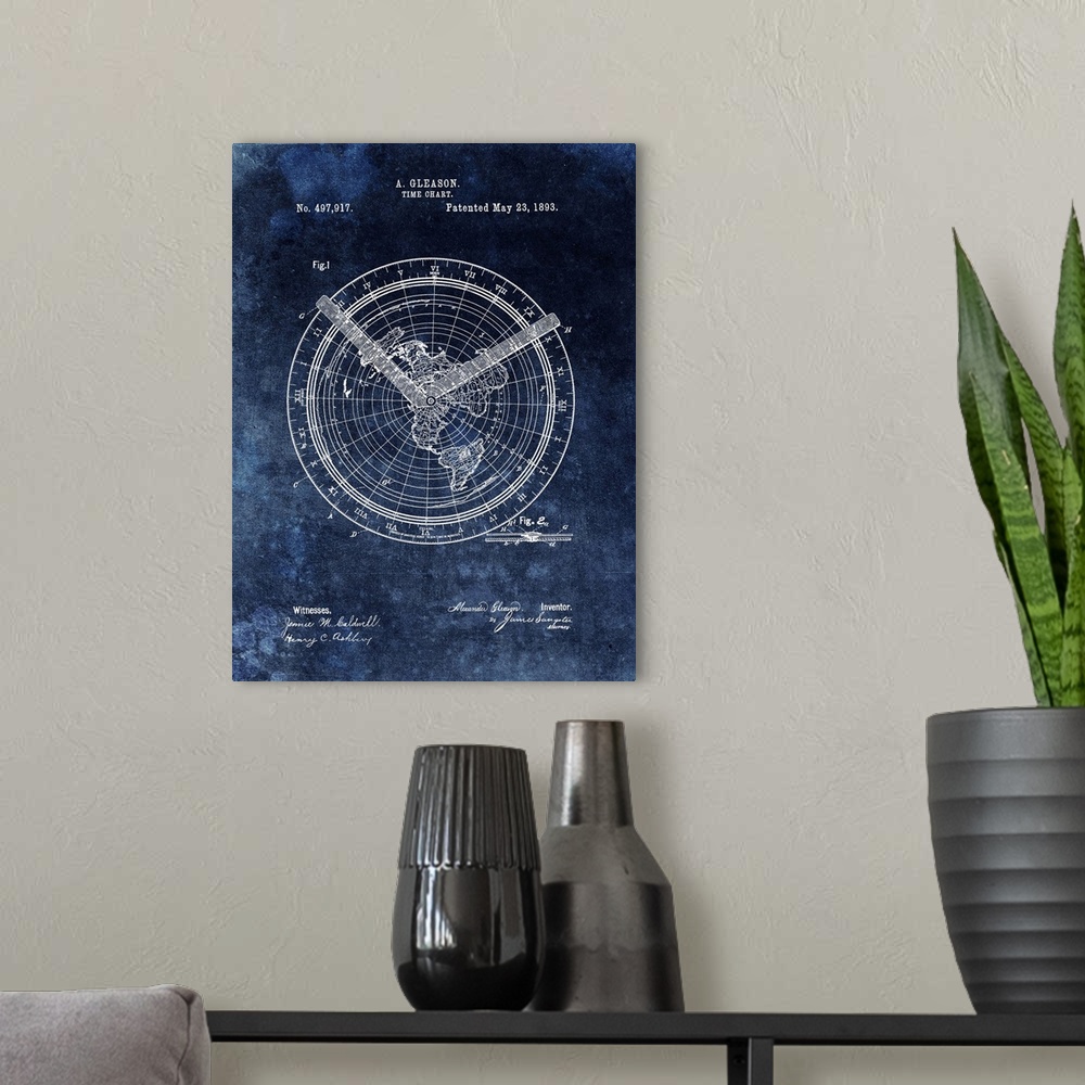 A modern room featuring Antique style blueprint diagram of a Time Chart printed on a blue background.