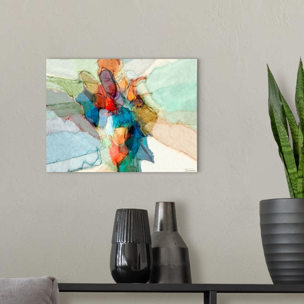 A modern room featuring Abstract art with transparent-like clusters of hues in the middle.