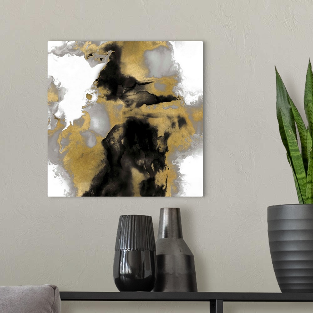 A modern room featuring Square abstract art in gold, black, and silver on a white background.