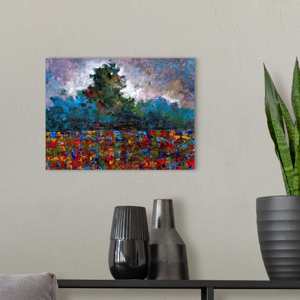 A modern room featuring Abstract landscape created with many colors and small, layered brushstrokes.