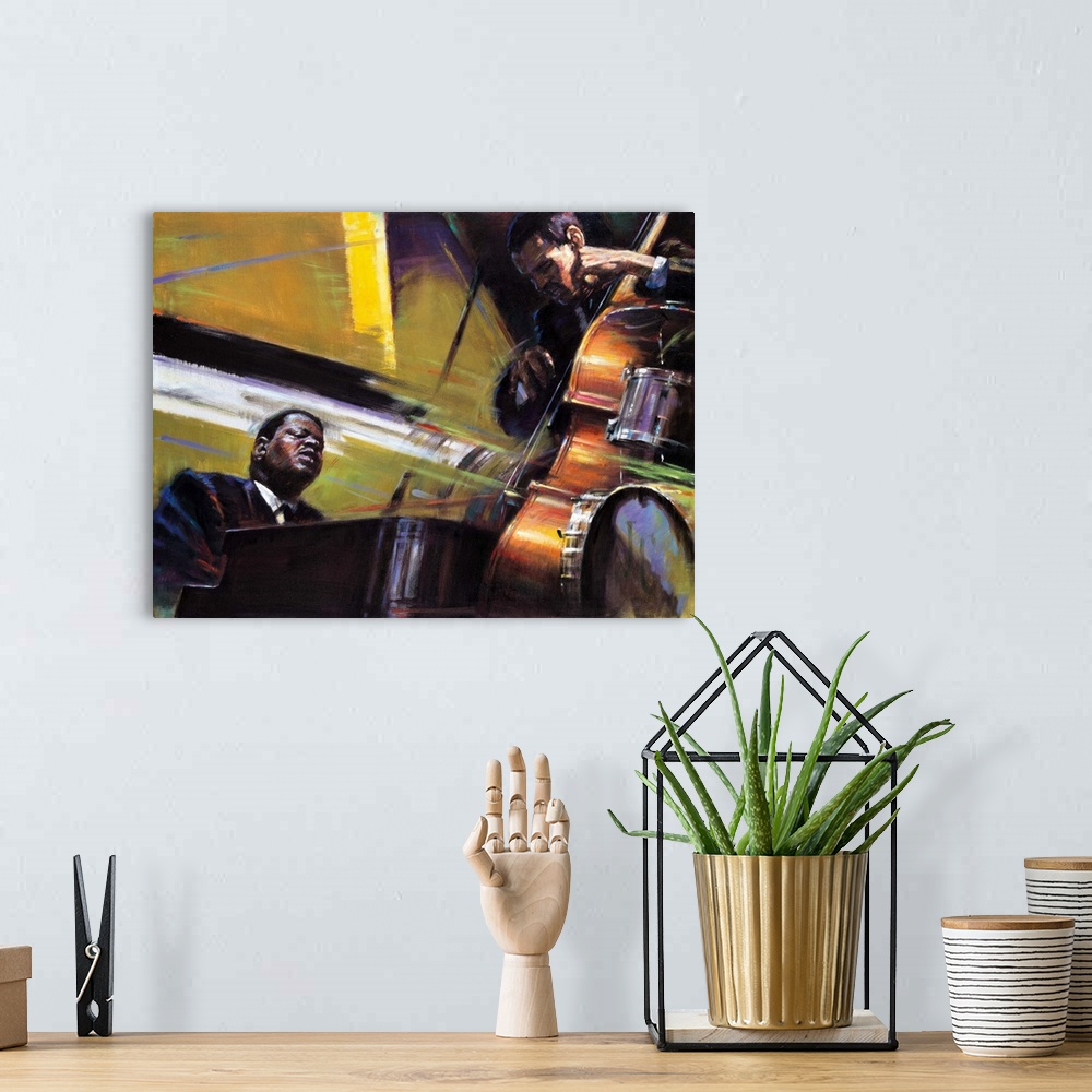 A bohemian room featuring Contemporary painting of two Jazz musicians playing stand up bass and piano.