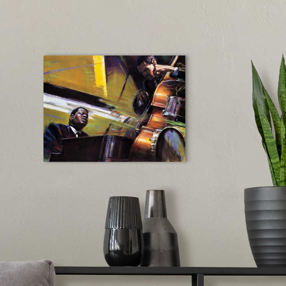 A modern room featuring Contemporary painting of two Jazz musicians playing stand up bass and piano.