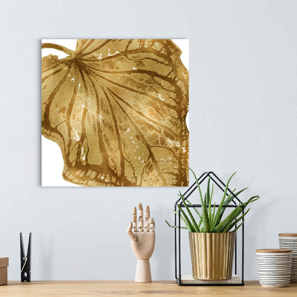 A bohemian room featuring Square decor with a metallic gold silhouette of a palm leaf on a solid white background.