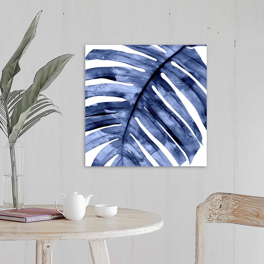 A farmhouse room featuring Square decor with an indigo silhouette of a palm leaf on a solid white background.
